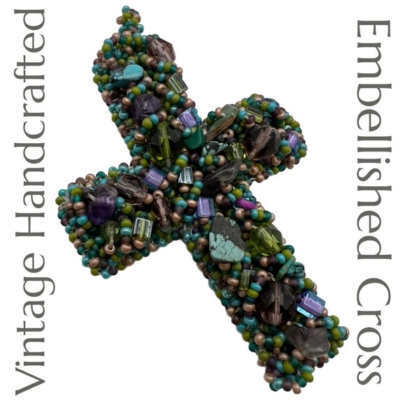 Vintage Jewelry - Vintage Handcrafted Beaded Embellished Cross Handmade Beads Ornamental Cross